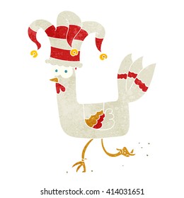 freehand retro cartoon chicken running in funny hat