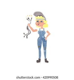 freehand retro cartoon electrician woman