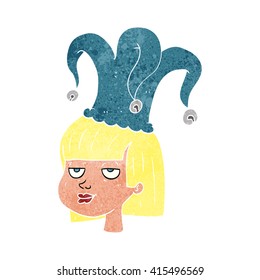freehand retro cartoon female face with jester hat