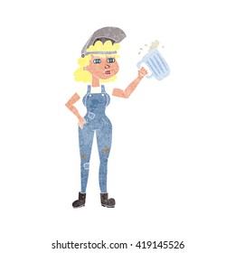 freehand retro cartoon hard working woman with beer 