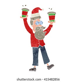 freehand retro cartoon man with coffee cups at christmas