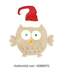 freehand retro cartoon owl wearing christmas hat