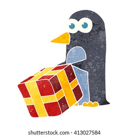 freehand retro cartoon penguin with christmas present