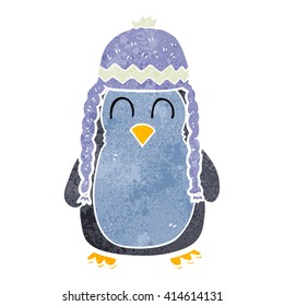 freehand retro cartoon penguin wearing hat