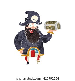 freehand retro cartoon pirate captain with treasure chest