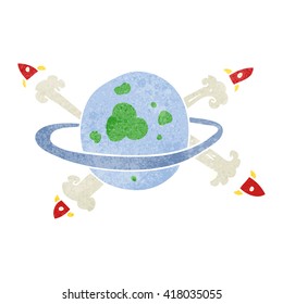 freehand retro cartoon rockets leaving a planet