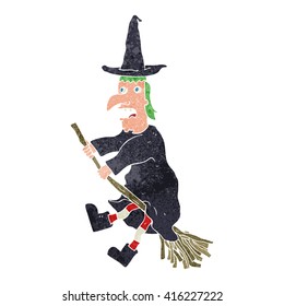 freehand retro cartoon witch flying on broom