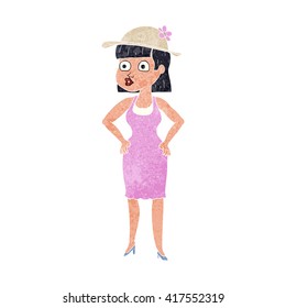 freehand retro cartoon woman wearing sun hat