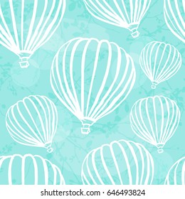 A freehand retro style seamless pattern with hot air balloons in a teal blue sky with brush strokes. Abstract vector background