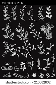 Freehand rough Hand Drawn Chalk Leaves and Berries on chalkboard. Floral elements for various designs such as invitations, greeting cards and web backgrounds. Chalk flourish laurel clip art.