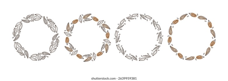 Freehand Round Cardamom Frame set, Wreaths. Doodle Cardamom vector illustrations. Seasoning for food and drinks. Organic product sketch for packaging, sale, shop sign. Flavor cooking ingredient.