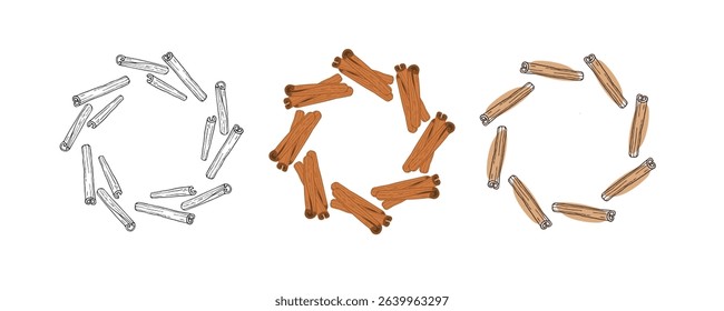 Freehand Round cinnamon Frame set, Wreaths. Doodle cinnamon vector illustrations. Seasoning for food and drinks. Organic product sketch for packaging, sale, shop sign. Flavor cooking ingredient.