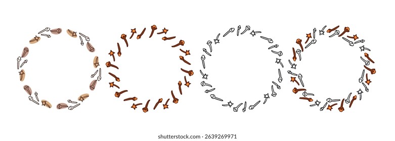 Freehand Round Cloves Spice Frame set, Wreaths. Doodle Clovers vector illustrations. Seasoning for food and drinks. Organic product sketch for packaging, sale, shop sign. Flavor cooking ingredient.