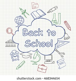 Freehand school illustration color vector sketch icons on white. Freehand chalk drawing icons on blackboard with blank for text space