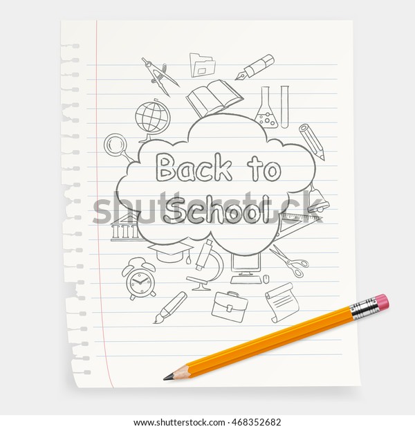 Freehand school illustration. Pencil. Vector sketch\
icons on white, freehand chalk drawing icons on blackboard with\
blank for text space