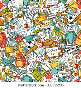 Freehand School Items In A Pile, Seamless Pattern