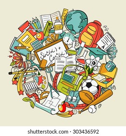 freehand school items in a pile, vector set