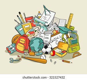 freehand school items in a pile, vector set