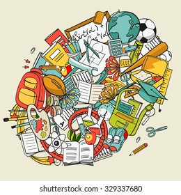 freehand school items in a pile, vector set