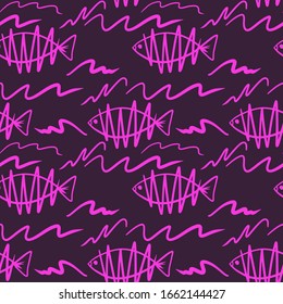 Freehand seamless pattern with waves and fishes.