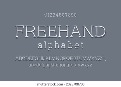 Freehand serif font with shadow. Artistic alphabet of uppercase and lowercase letters, numbers and punctuation marks.