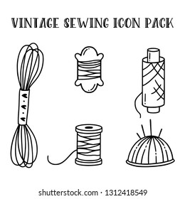 Freehand  sewing and knitting icons.  Hand drawn illustration of flat outline design elements.