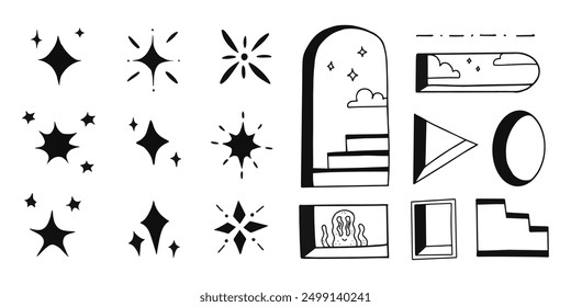 Freihand Formen und Zeichnungen mit Sternen, Blinzeln, Explosionen und verschiedenen Bögen und Rahmen, Fenster zu einem anderen Raum. Aufkleber und Design-Elemente. Vektorgrafik.