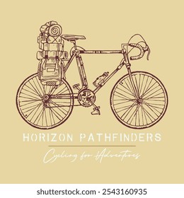 Arte a mano alzada y simple de una bicicleta equipada para aventuras. Diseño editable para imprimir en camisetas, carteles, etc.