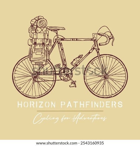 Freehand and simple art of a bicycle equipped for adventures. Editable design for printing on t-shirts, posters, etc.