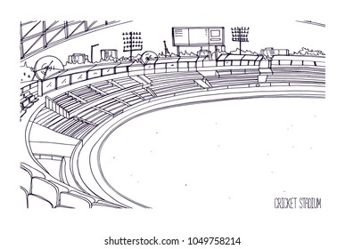 Freehand sketch of cricket stadium with rows of seats, electronic scoreboard and grassy field or lawn. Sports arena for British team bat-and-ball game. Monochrome hand drawn vector illustration