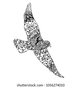 Freehand sketch drawing for adult antistress colouring book with doodle and zentangle elements. vector isolated silhouette bird flying