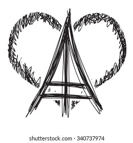 Freehand sketch of Eiffel Tower. Abstract banners Pray for France. Pray for killed victims and remembrance day.