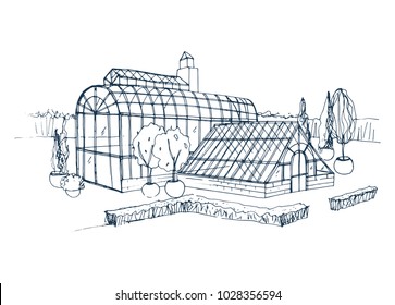 Freehand sketch of exterior of exotic botanical garden surrounded by bushes and trees growing in pots. Rough drawing of facade of glass greenhouse. Monochrome hand drawn vector illustration.  svg