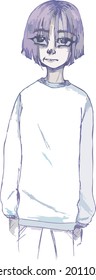 Freehand sketch of a girl with a square. Anime character girl with purple hair in a sweater and jeans. Cute girl with short hair in anime style