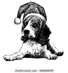 freehand sketch illustration of Beagle dog with christmas santa hat, doodle hand drawn, christmas pet