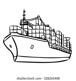 Freehand Sketch Illustration Of Cargo Ship With Containers Icon, Doodle Hand Drawn