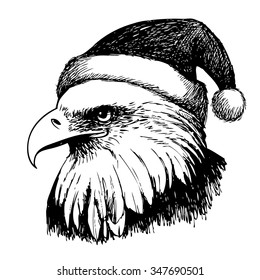 freehand sketch illustration of eagle bird with christmas hat, doodle hand drawn, christmas animal