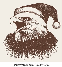 freehand sketch illustration of eagle bird with christmas hat, doodle hand drawn, christmas animal