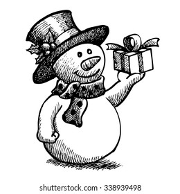 Freehand sketch  illustration of grunge christmas snowman with hat and gift box on white background, doodle hand drawn