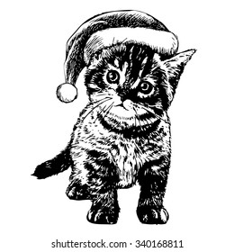 freehand sketch illustration of little cat, kitten with christmas santa hat, doodle hand drawn