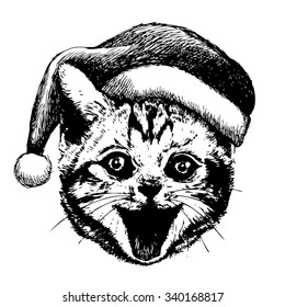 freehand sketch illustration of little cat, kitten with christmas santa hat, doodle hand drawn