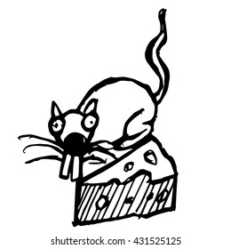 freehand sketch illustration of mouse and cheese doodle hand drawn in kid style