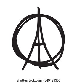 Freehand sketch illustration of pray and Eiffel tower peace sign on white background, hand drawn doodle, Pray for Paris, Pray for France