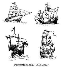 freehand sketch illustration a set of columbus ship, doodle hand drawn