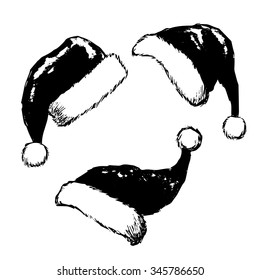 Freehand sketch  illustration of set of grunge christmas hats on white background, doodle hand drawn