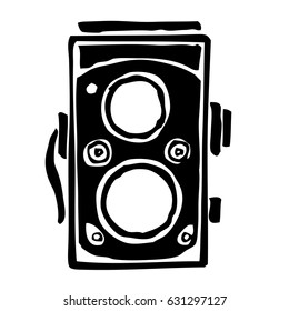 freehand sketch illustration of Twin lens reflex camera, doodle hand drawn 