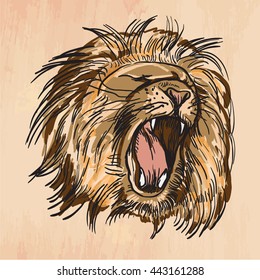 Freehand sketch of LION head. Hand drawing is editable in layers and groups. Background is isolated. Vintage processing.