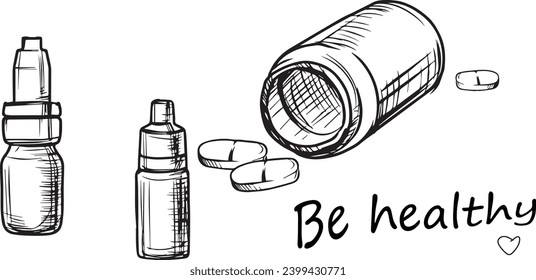 Freehand sketch of medical preparations. Vector set of pills, medicines. Linear drawing on a white