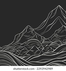 Esbozo a mano libre de un paisaje montañoso con líneas finas y elegantes. Montañas lineales sobre un fondo negro.  Ilustración vectorial.