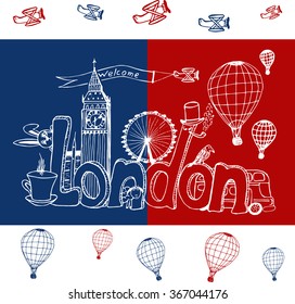 Freehand sketch. Name of London with national symbols on the background